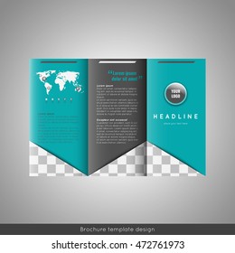 Corporate trifold brochure template design. With world map infographic element and place for photo. Stock vector.