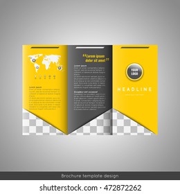 Corporate trifold brochure template design. With world map infographic element and place for photo. Stock vector.