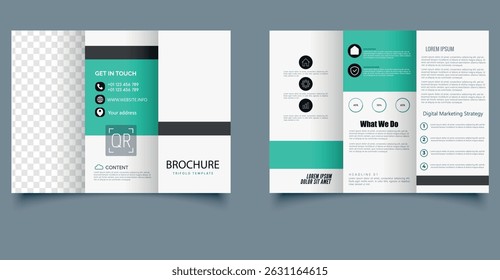 Corporate trifold brochure template. Ideal for business, presentations, advertising. Editable layout with colorful design elements.