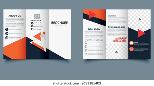 Corporate trifold brochure template. Ideal for business, presentations, advertising. Editable layout with colorful design elements.