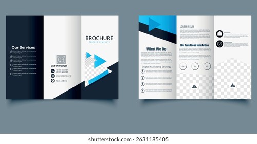 Corporate trifold brochure template. Ideal for business, presentations, advertising. Editable layout with colorful design elements.