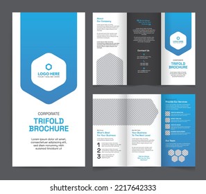 Corporate trifold brochure template. Modern, Creative, and Professional tri-fold brochure vector design. Simple and minimalist layout with blue color. Corporate Business Trifold Brochure.