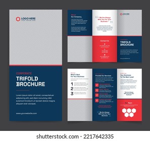 Corporate trifold brochure template. Modern, Creative, and Professional tri-fold brochure vector design. Simple and minimalist layout with blue and red colors. Corporate Business Trifold Brochure.