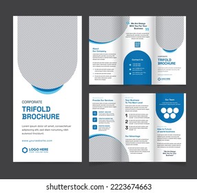 Corporate trifold brochure template. Modern, Creative, and Professional tri-fold brochure vector design. Simple and minimalist layout with blue color. Corporate Business Trifold Brochure.