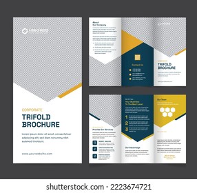 Corporate trifold brochure template. Modern, Creative, and Professional tri-fold brochure vector design. Simple and minimalist layout with blue and red colors. Corporate Business Trifold Brochure.