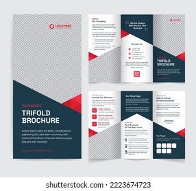 Corporate trifold brochure template. Modern, Creative, and Professional tri-fold brochure vector design. Simple and minimalist layout with blue and red colors. Corporate Business Trifold Brochure.