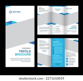 Corporate trifold brochure template. Modern, Creative, and Professional tri-fold brochure vector design. Simple and minimalist layout with blue and orange colors. Corporate Business Trifold Brochure.