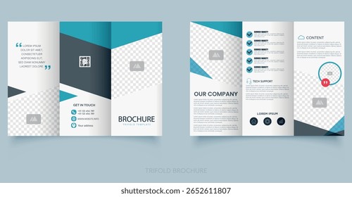 Corporate trifold brochure template with photo spots. Ideal for leaflets of private clinics, travel agencies, IT companies, etc. Editable file