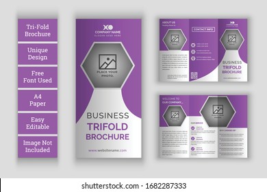 Corporate Trifold Brochure Template Vectors and Business Trifold Brochure Template. Multipurpose template with cover, back and inside pages, trendy minimalist flat geometric design.