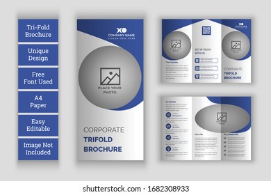 Corporate Trifold Brochure Template Vectors and Business Trifold Brochure Template. Multipurpose template with cover, back and inside pages, trendy minimalist flat geometric design