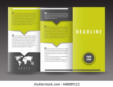 Corporate trifold brochure templates design. With world map infographic element and place for photo. Stock vector.