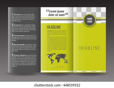 Corporate trifold brochure templates design. With world map infographic element and place for photo. Stock vector.