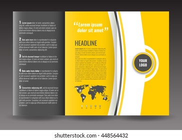 Corporate trifold brochure templates design. With world map infographic element and place for photo. Stock vector.