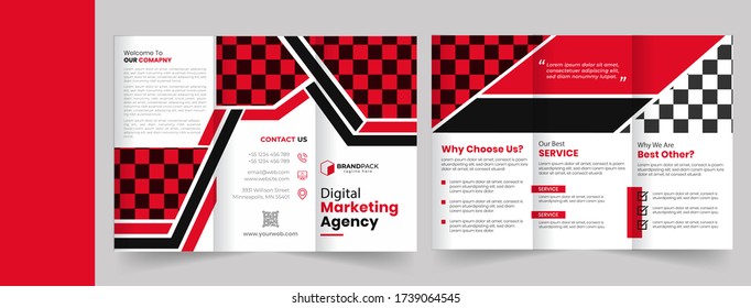 Corporate triple folding brochure design In white background .Red square geometric vector business triple fold Leaflet Brochure Flyer template flat design set.
