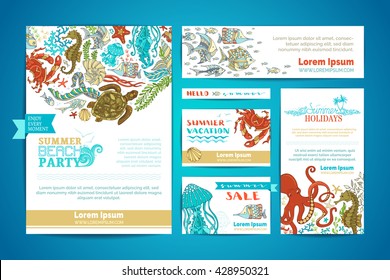 Corporate underwater sea life templates set. Vector cartoon design elements. A4 paper, business cards, banners. Octopus, turtle, fish, starfish, crab, shell, jellyfish, seahorse, seaweed.