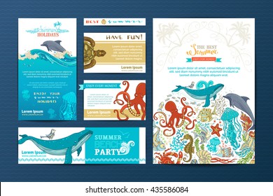 Corporate underwater wild life templates. Vector doodles design elements. A4 paper, business cards, banners. Whale, dolphin, turtle, fish, octopus, starfish, crab, shell, jellyfish, seahorse, seaweed.