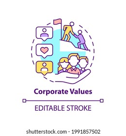 Corporate Values Concept Icon. Worker Adaptation Elements. Set Of Guiding Principles Idea Thin Line Illustration. Common Business Goal. Vector Isolated Outline RGB Color Drawing. Editable Stroke