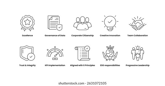 Corporate Values and Ethics Icons. Trust and Integrity, Team Collaboration, Corporate Citizenship, Excellence, Creative Innovation, Progressive Leadership.