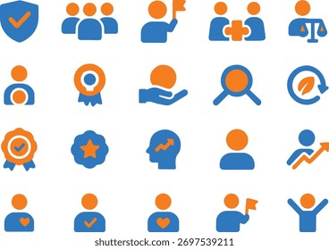 Symbolsatz für Unternehmenswerte: Vertrauen, Teamwork, Wachstum, Partnerschaft, Gleichheit, Pflege und Innovation Konzept Blau und Orange Farben Flat Style