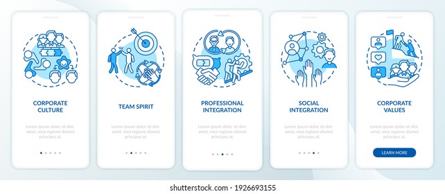 Corporate values onboarding mobile app page screen with concepts. Teamwork. Worker adaptation elements walkthrough 5 steps graphic instructions. UI vector template with RGB color illustrations
