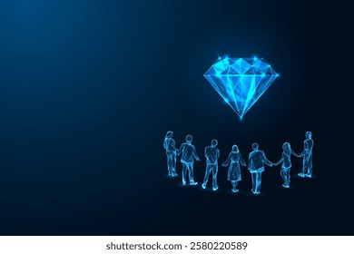 Corporate values, teamwork and leadership futuristic concept with team of people holding hands under glowing diamond on dark blue background. Unity, excellence metaphors. Abstract vector illustration