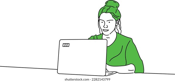 Corporate vector design art of green woman with a laptop working on white background