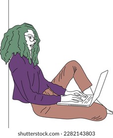 Diseño de vectores corporativos en vestimenta coloreada y cabello sentado y trabajando con laptop