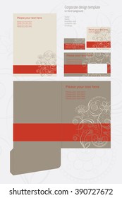 Corporate vector design template on floral background: folder, blank, business card, invitation card, envelope 