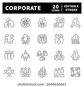 Coleção de ícones de vetor corporativo. Ícones de linha fina relacionados ao trabalho em equipe e à parceria. Ícones de vetor corporativo no estilo de linha