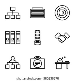 corporate vector icons. Set of 9 corporate outline icons such as briefcase with weapon, business center building, d letter, structure, binder, man sleeping on table