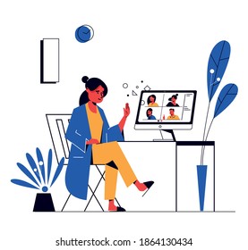 Llamada de video corporativa, trabajo en equipo durante la cuarentena. Ilustración vectorial aislada. 