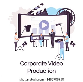 Corporate Video Production Flat Concept Icon. Mass Media And Press Sticker, Clipart. Business Conference Shooting And Broadcasting Isolated Cartoon Illustration On White Background