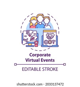 Corporate Virtual Events Concept Icon. VE Type Idea Thin Line Illustration. Team-building Activities. Cultivating Company Staff Engagement. Vector Isolated Outline RGB Color Drawing. Editable Stroke