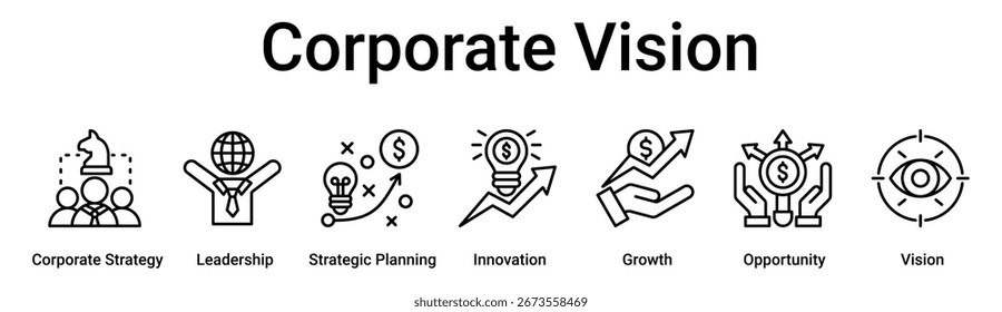 Corporate Vision Banner Web-Symbol Vektorgrafik-Konzept für Unternehmen mit Symbol für Unternehmensstrategie, Führung, strategische Planung, Innovation, Wachstum, Chancen.