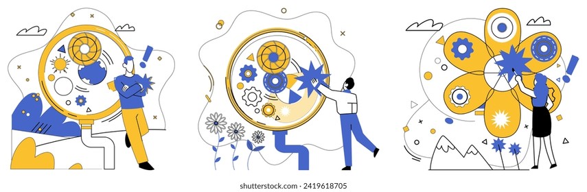Corporate vision vector illustration. Corporate vision is architect drawing blueprints for castle business efficiency Strategic exploration is microscope through which businesses examine intricate