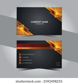 corporate visiting card with a dark background and striking gold and orange geometric accents