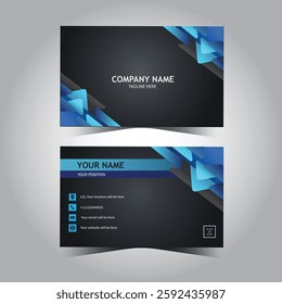  corporate visiting card design with a dark background and vibrant blue accents. It features a modern, geometric pattern and essential contact details.