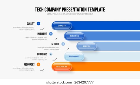 Corporate Visualization Slide Template Vector Illustration. Market Profile 5 Step Infographic Presentation Design. Consulting Review Five Element Diagram Slideshow Layout.