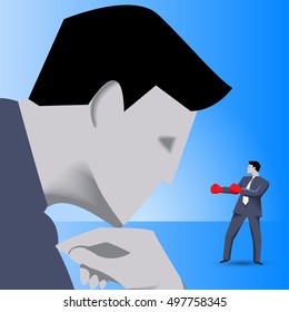 Corporate vs small business competition concept. Huge businessman looks with irony on brave small businessman in boxing gloves. Vector illustration. Use as template, logo, background or other design.