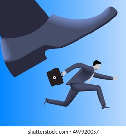 Corporate vs small business competition concept. Huge foot of corporate business trying to smash small running businessman with case. Vector illustration. Use as template, logo, background.