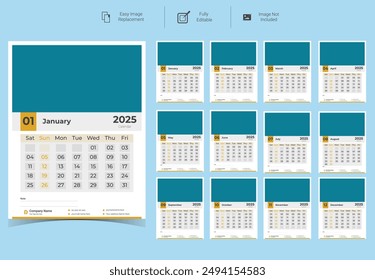 Diseño Corporativa de la Plantilla del calendario de la pared para 2025. Conjunto de 12 páginas de diseño de Vector del calendario con Plantilla de impresión