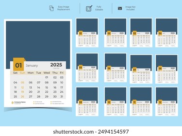 Diseño Corporativa de la Plantilla del calendario de la pared para 2025. Conjunto de 12 páginas de diseño de Vector del calendario con Plantilla de impresión