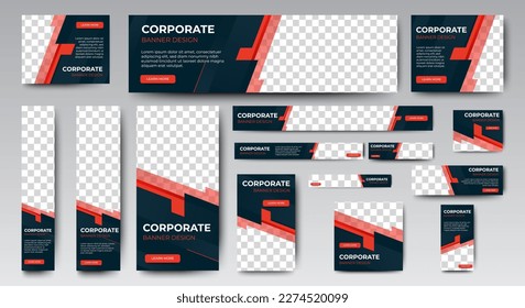 Corporate web banners of standard size with a place for photos. Black and Red. Vertical, horizontal and square template
