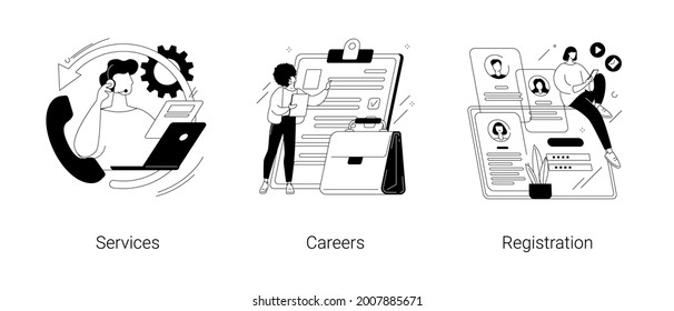 Corporate website abstract concept vector illustration set. Service and careers, registration page, menu bar design, corporate website, create account, user experience and interface abstract metaphor.