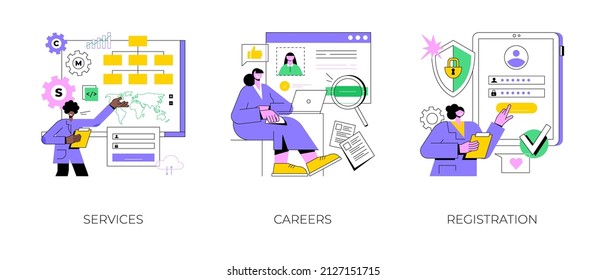Corporate website abstract concept vector illustration set. Service and careers, registration page, menu bar design, corporate website, create account, user experience and interface abstract metaphor.