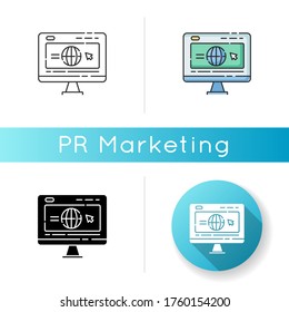 Corporate website icon. Browse company webpage. Social media strategy. Bloggin and seo. Site optimization and promotion service. Linear black and RGB color styles. Isolated vector illustrations
