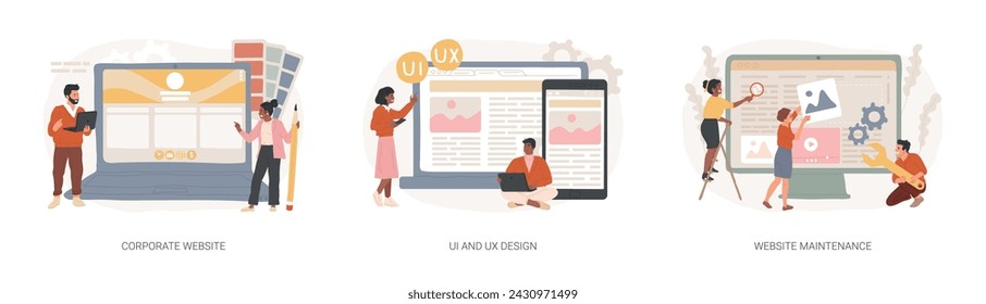 Corporate website isolated concept vector illustration set. UI and UX design, website maintenance, web development, graphic design service, mobile app, user interface, support vector concept.