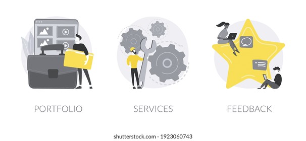 Conjunto de ilustraciones vectoriales abstractas de la barra de menús del sitio web corporativo. Cartera y servicios, página de comentarios, diseño de sitios web, navegación de sitios, experiencia de usuario, metáfora abstracta de la página de inicio del catálogo.