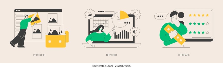 Corporate website menu bar abstract concept vector illustration set. Portfolio and services, feedback page, website design, site navigation, user experience, catalog landing page abstract metaphor.