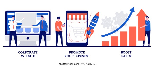 Corporate website, promote your business, boost sales concept with tiny people. Business management vector illustration set. Startup lunch, sales and profit increasing, company webpage metaphor.